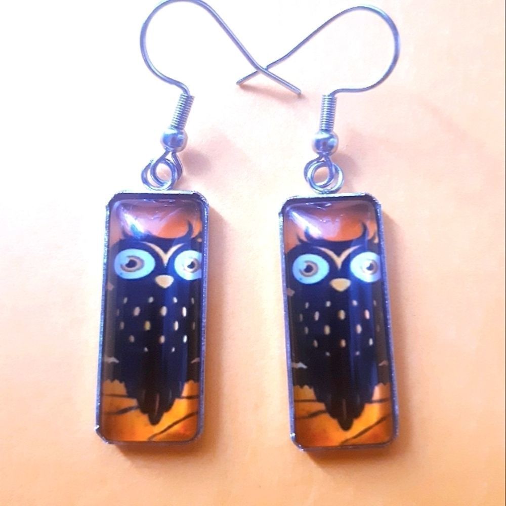 Owl Design Dangling Rectangular Hook Earrings - Picture 6 of 7
